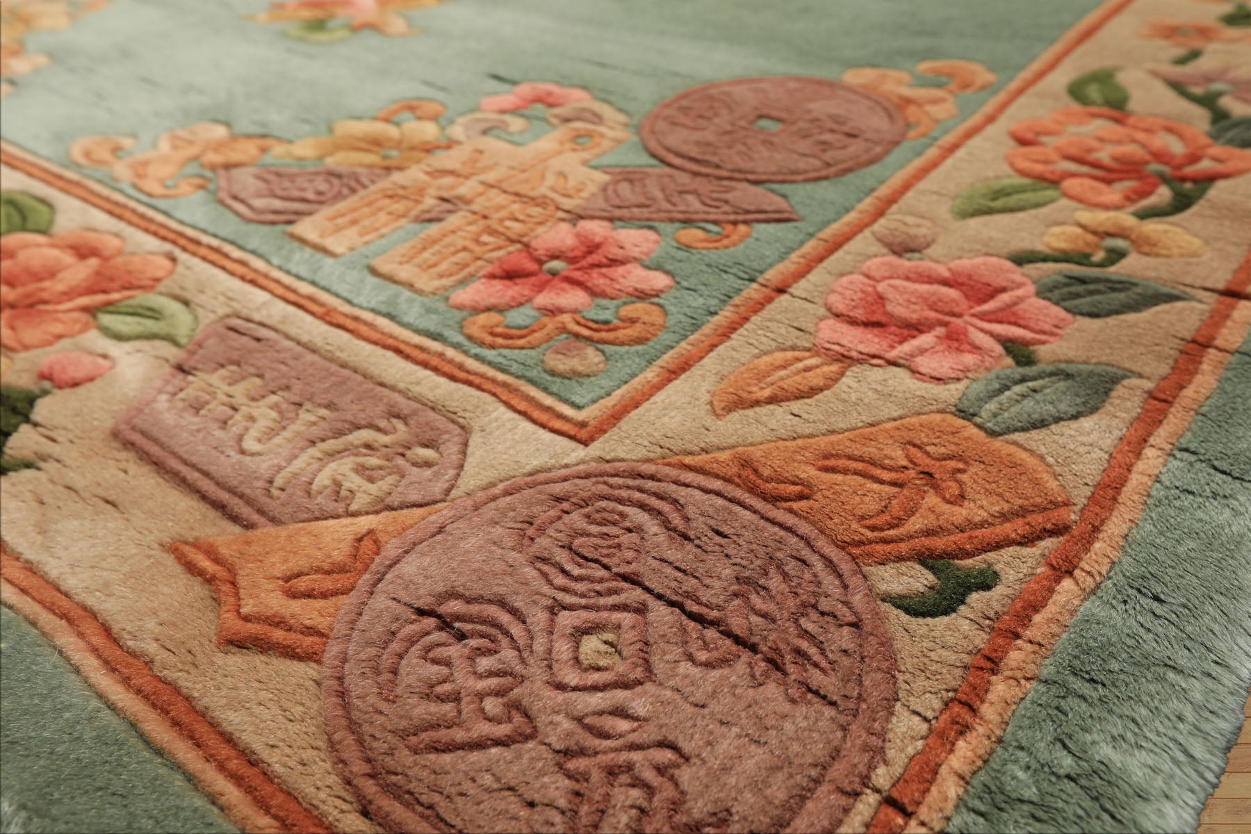 4x6 Celadon, Tan, Caramel Color Hand Knotted Chinese Art Deco Wool Traditional Oriental Rug