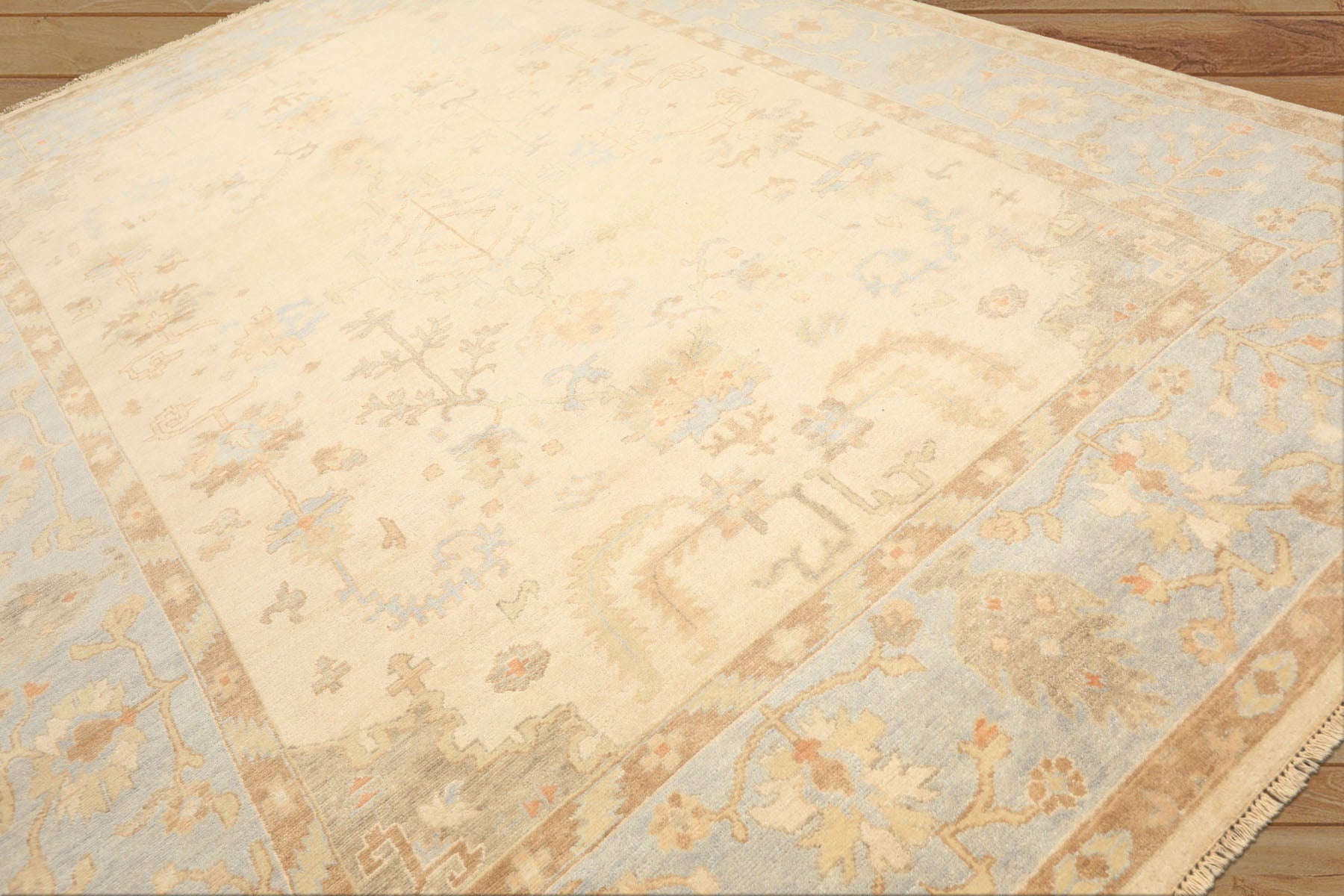 9x12 Ivory, Beige, Aqua Color Hand Knotted Oushak Wool Transitional Oriental Rug