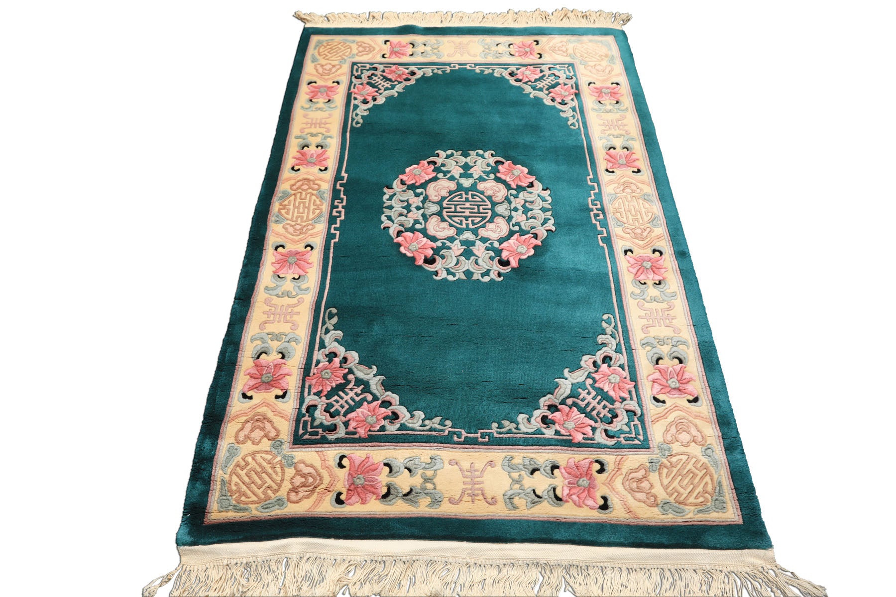 4x6 Emerald, Ivory, Pink Color Hand Knotted Chinese Art Deco Wool Traditional Oriental Rug