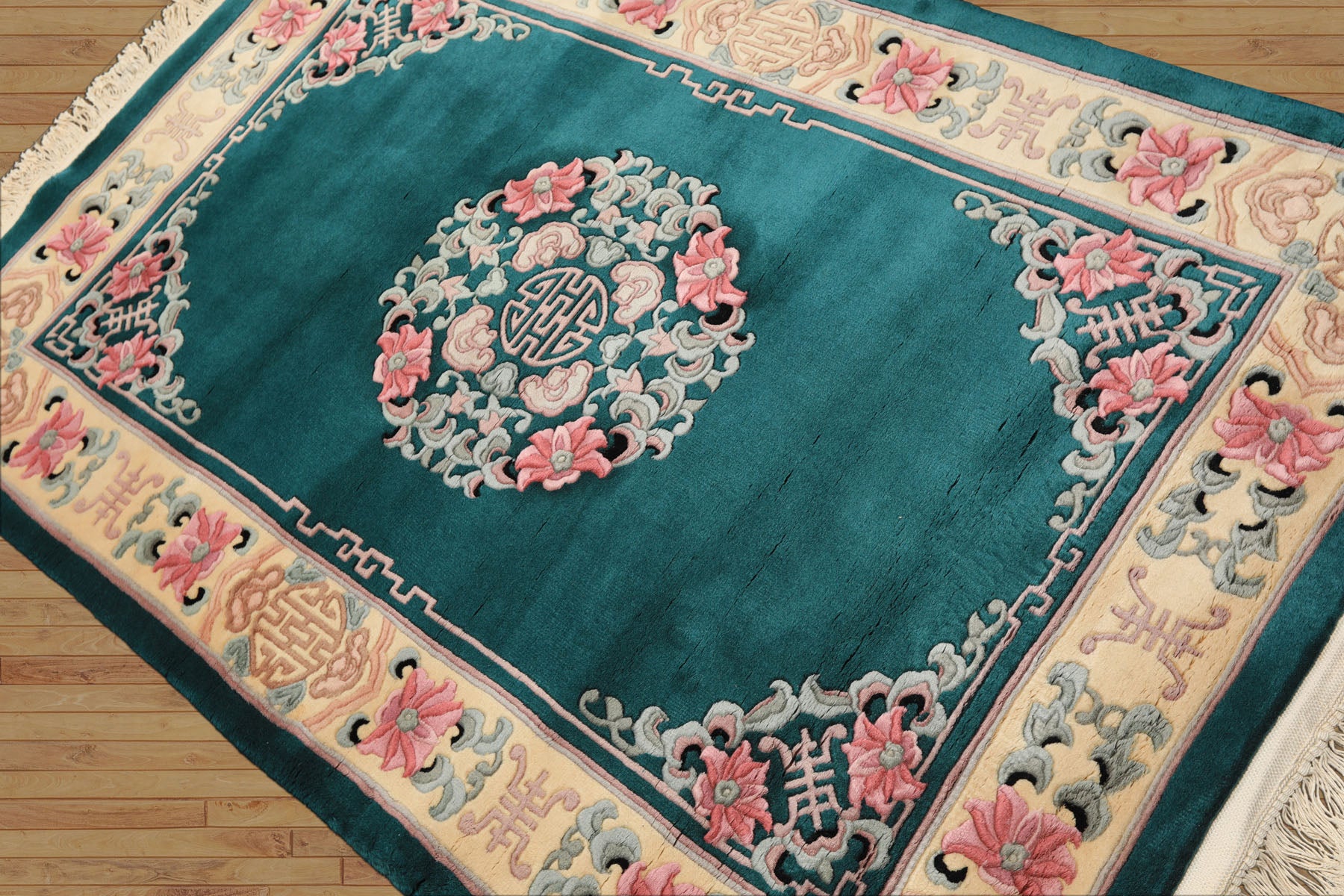 4x6 Emerald, Ivory, Pink Color Hand Knotted Chinese Art Deco Wool Traditional Oriental Rug
