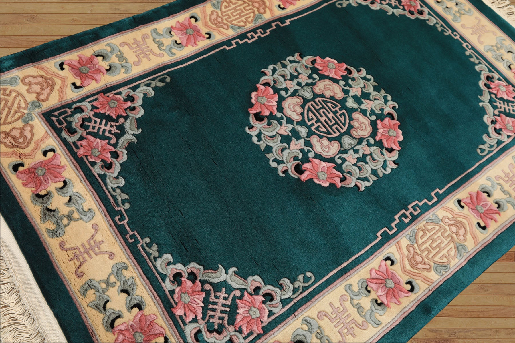 4x6 Emerald, Ivory, Pink Color Hand Knotted Chinese Art Deco Wool Traditional Oriental Rug