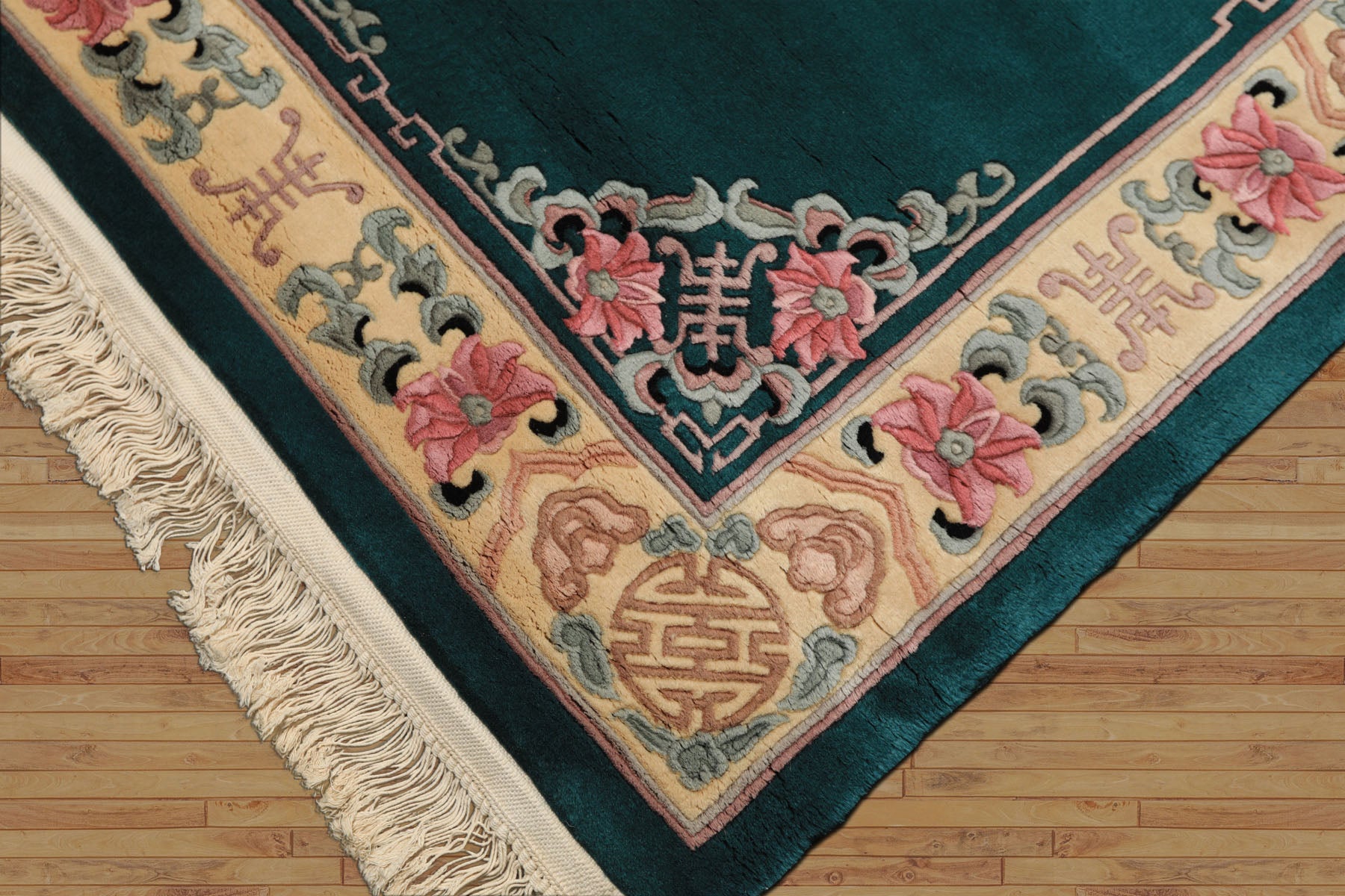 4x6 Emerald, Ivory, Pink Color Hand Knotted Chinese Art Deco Wool Traditional Oriental Rug