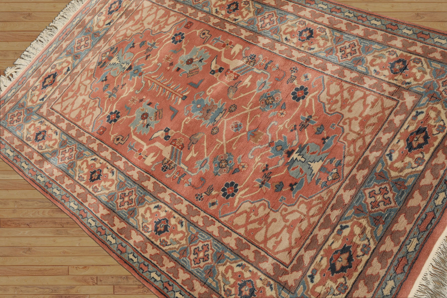 4x6 Blush, Turquoise, Beige Color Hand Knotted Heriz New Zealand Wool Traditional Oriental Rug