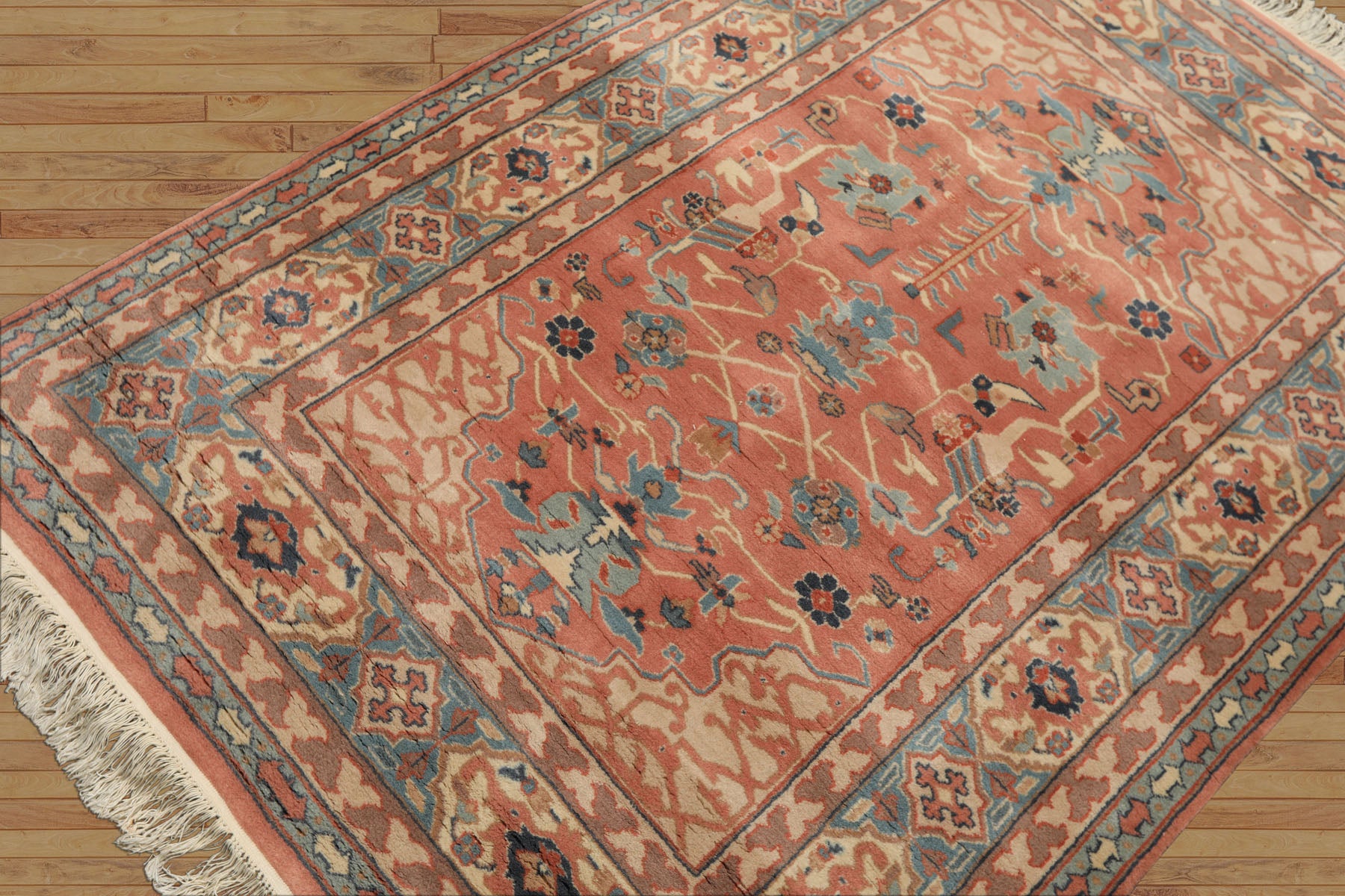 4x6 Blush, Turquoise, Beige Color Hand Knotted Heriz New Zealand Wool Traditional Oriental Rug