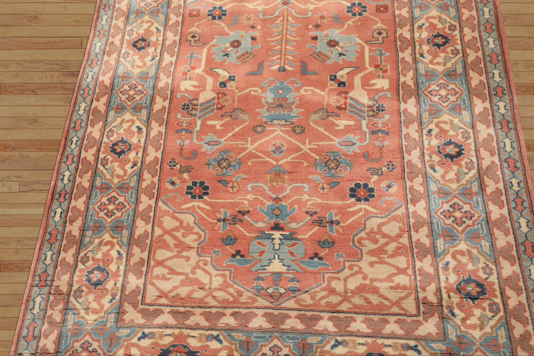 4x6 Blush, Turquoise, Beige Color Hand Knotted Heriz New Zealand Wool Traditional Oriental Rug