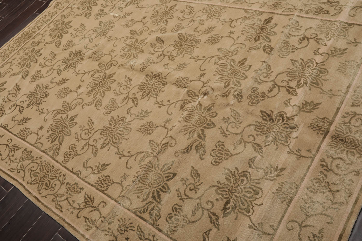 6x9 Tan, Moss, Color Hand Knotted All-Over Wool & Silk Transitional Oriental Rug