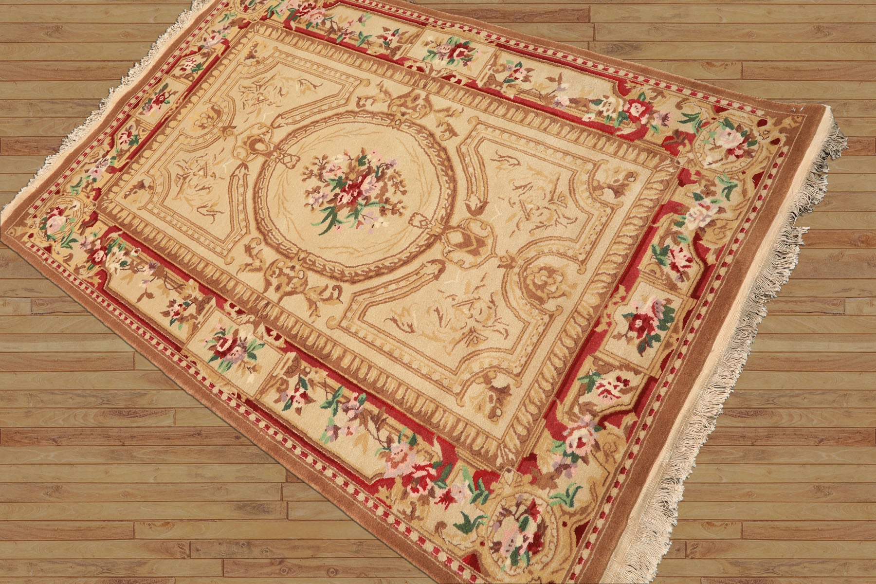 4x6 Beige, Brown, Rose Color Hand Knotted French Aubusson Savonnerie Wool Traditional Oriental Rug