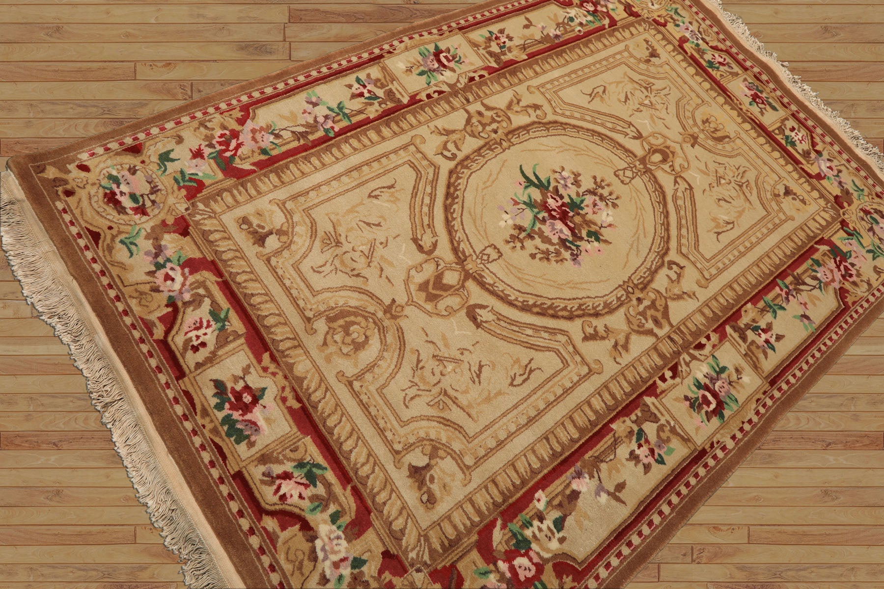 4x6 Beige, Brown, Rose Color Hand Knotted French Aubusson Savonnerie Wool Traditional Oriental Rug