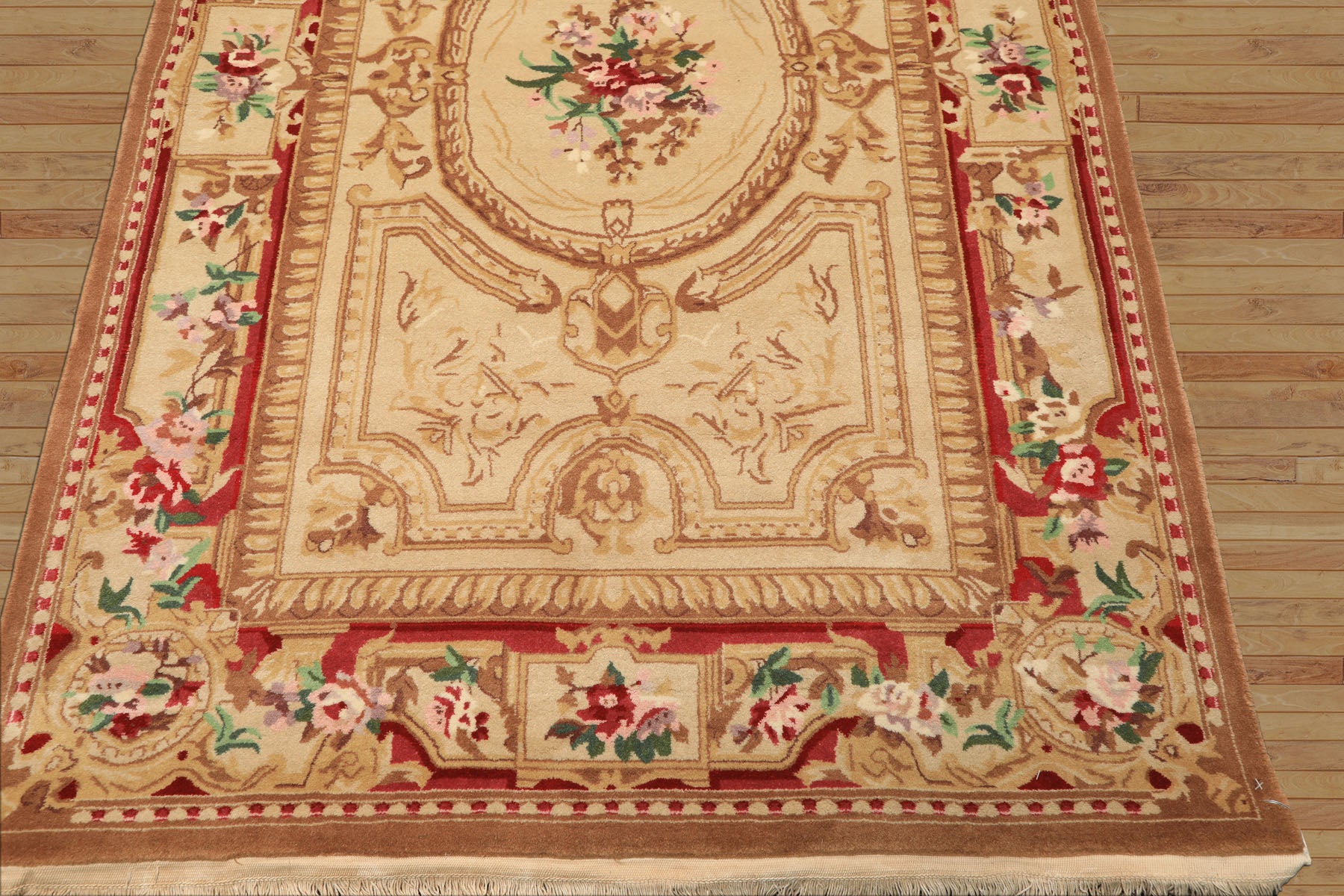 4x6 Beige, Brown, Rose Color Hand Knotted French Aubusson Savonnerie Wool Traditional Oriental Rug