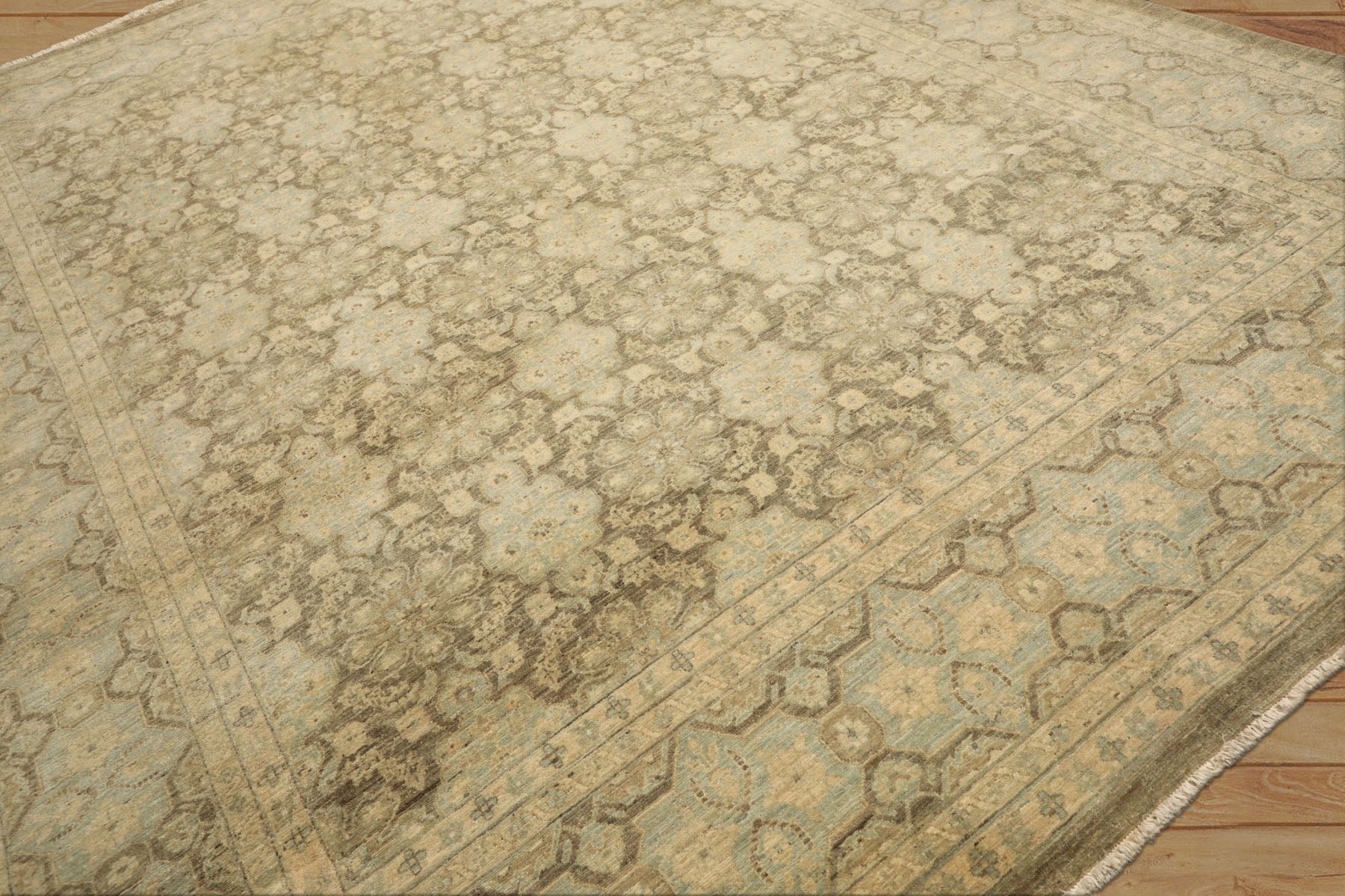 9x11 Brown, Aqua, Beige Color Hand Knotted Chobi Peshawar Wool Transitional Oriental Rug
