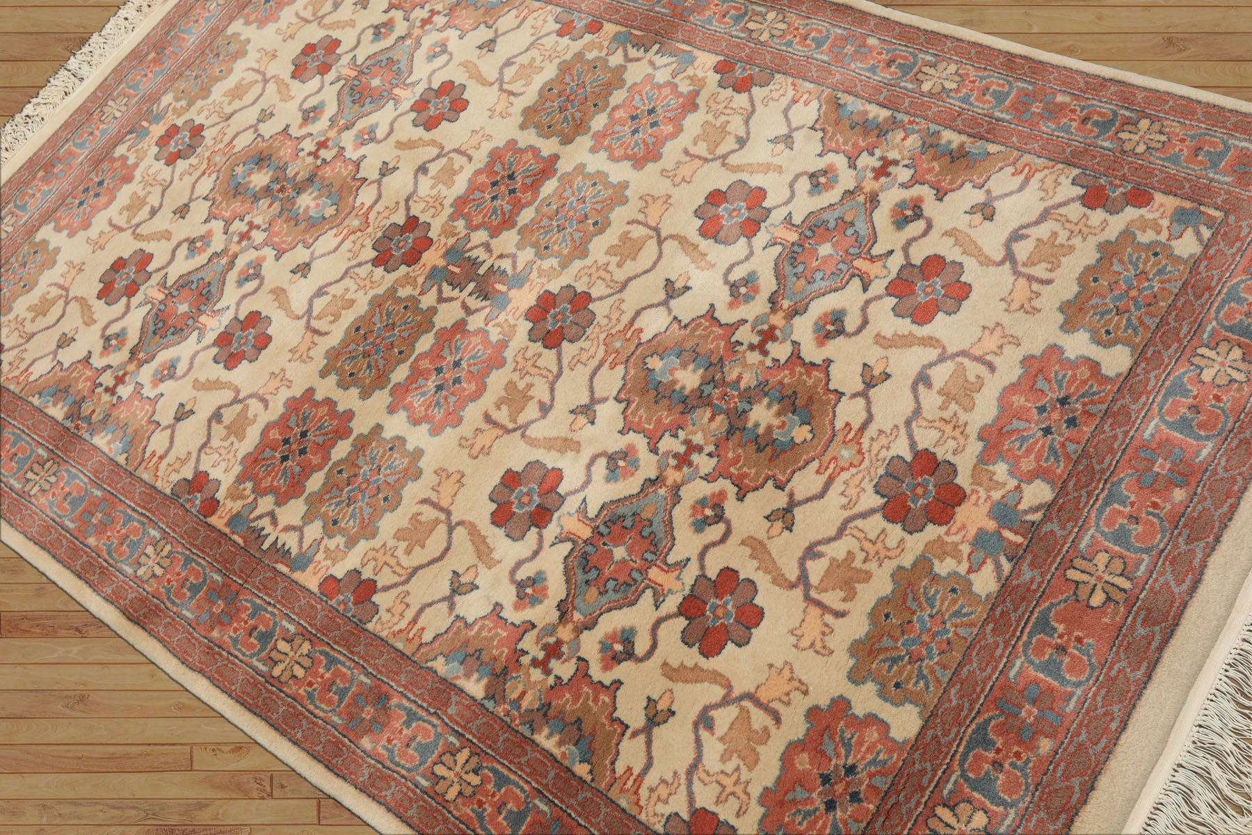 4x6 Ivory, Rose, Brown Color Hand Knotted Indo Kashan New Zealand Wool Traditional Oriental Rug