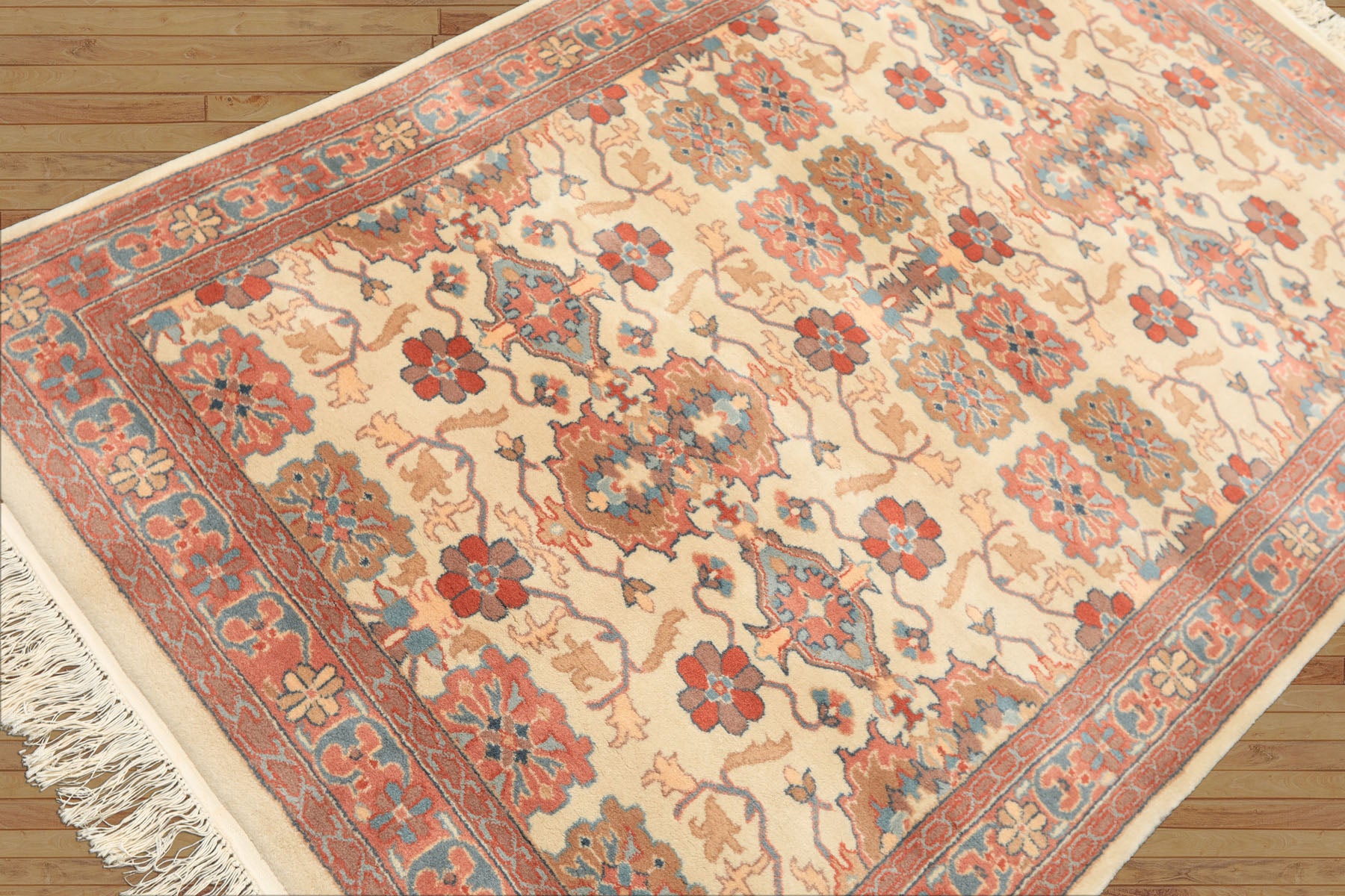 4x6 Ivory, Rose, Brown Color Hand Knotted Indo Kashan New Zealand Wool Traditional Oriental Rug