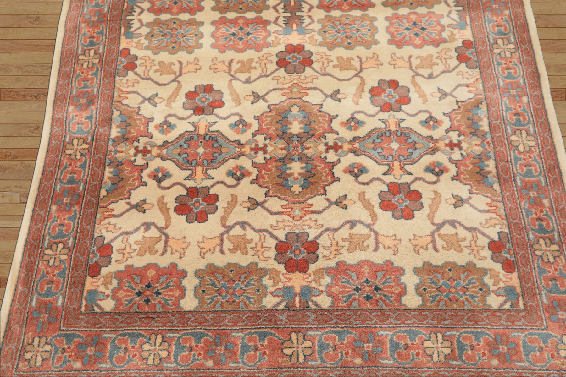 4x6 Ivory, Rose, Brown Color Hand Knotted Indo Kashan New Zealand Wool Traditional Oriental Rug