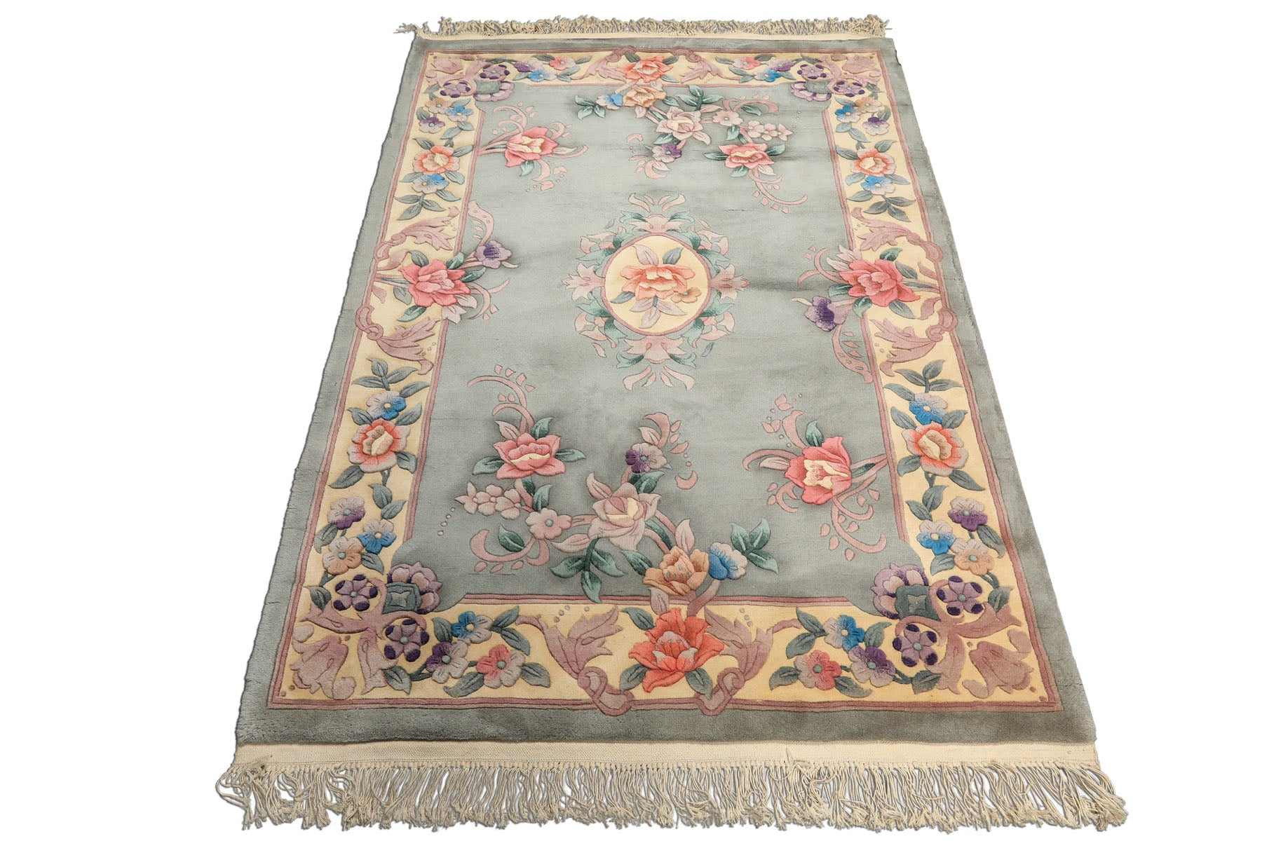 4x6 Celadon, Ivory, Lavender Color Hand Knotted Chinese Art Deco Wool Traditional Oriental Rug
