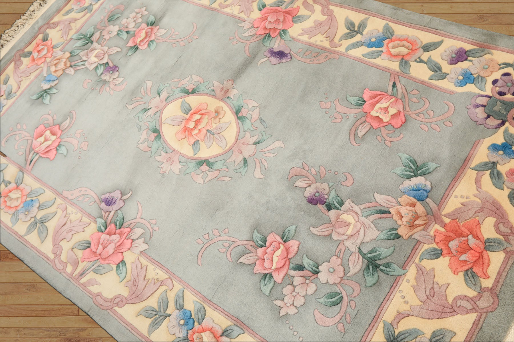 4x6 Celadon, Ivory, Lavender Color Hand Knotted Chinese Art Deco Wool Traditional Oriental Rug