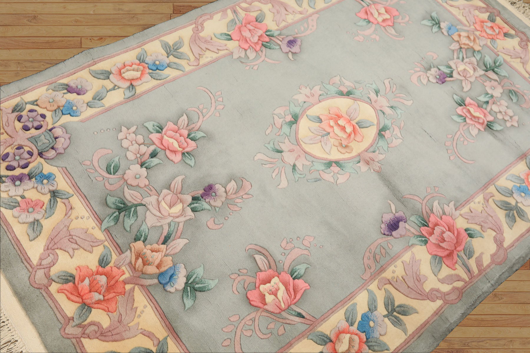 4x6 Celadon, Ivory, Lavender Color Hand Knotted Chinese Art Deco Wool Traditional Oriental Rug