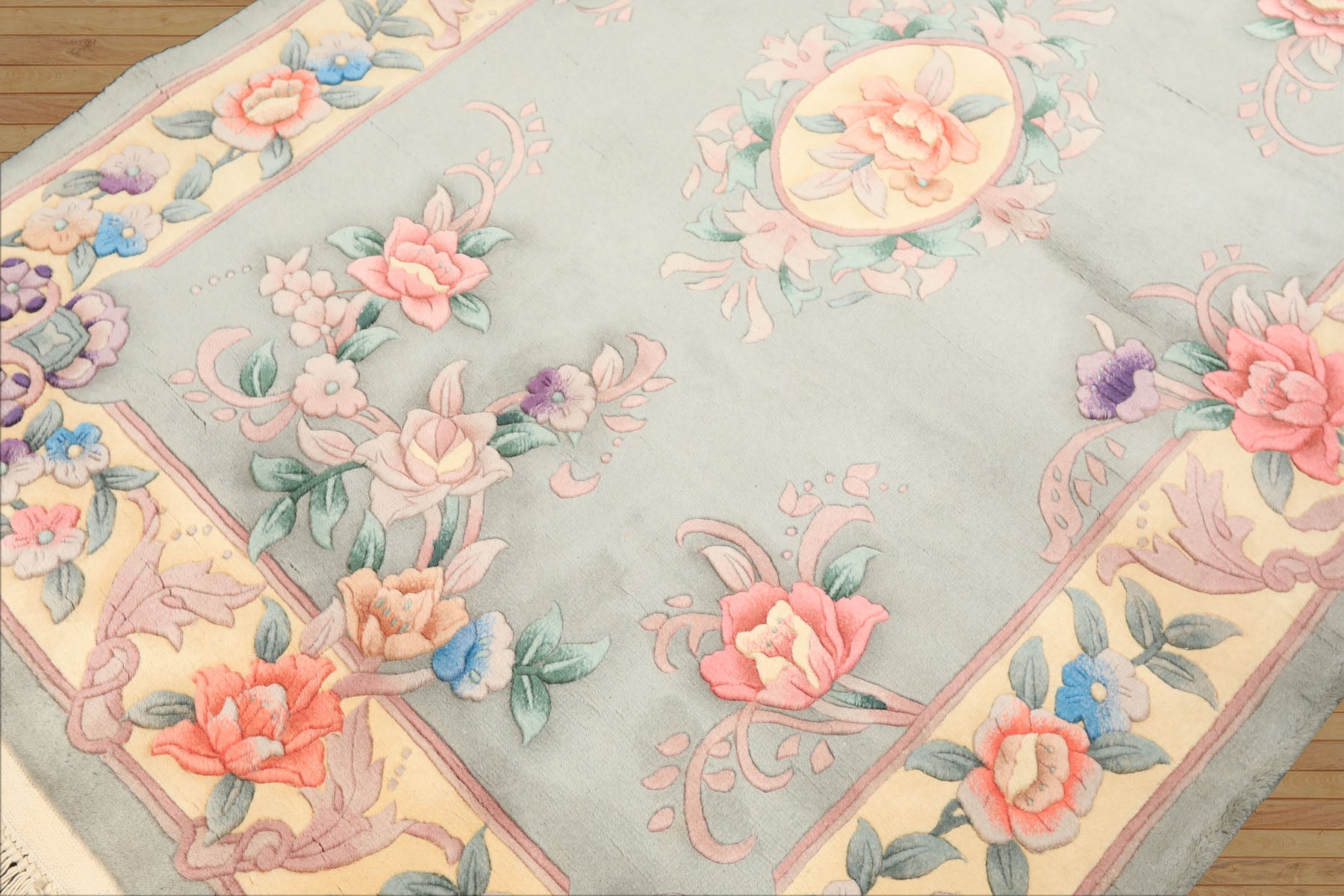 4x6 Celadon, Ivory, Lavender Color Hand Knotted Chinese Art Deco Wool Traditional Oriental Rug