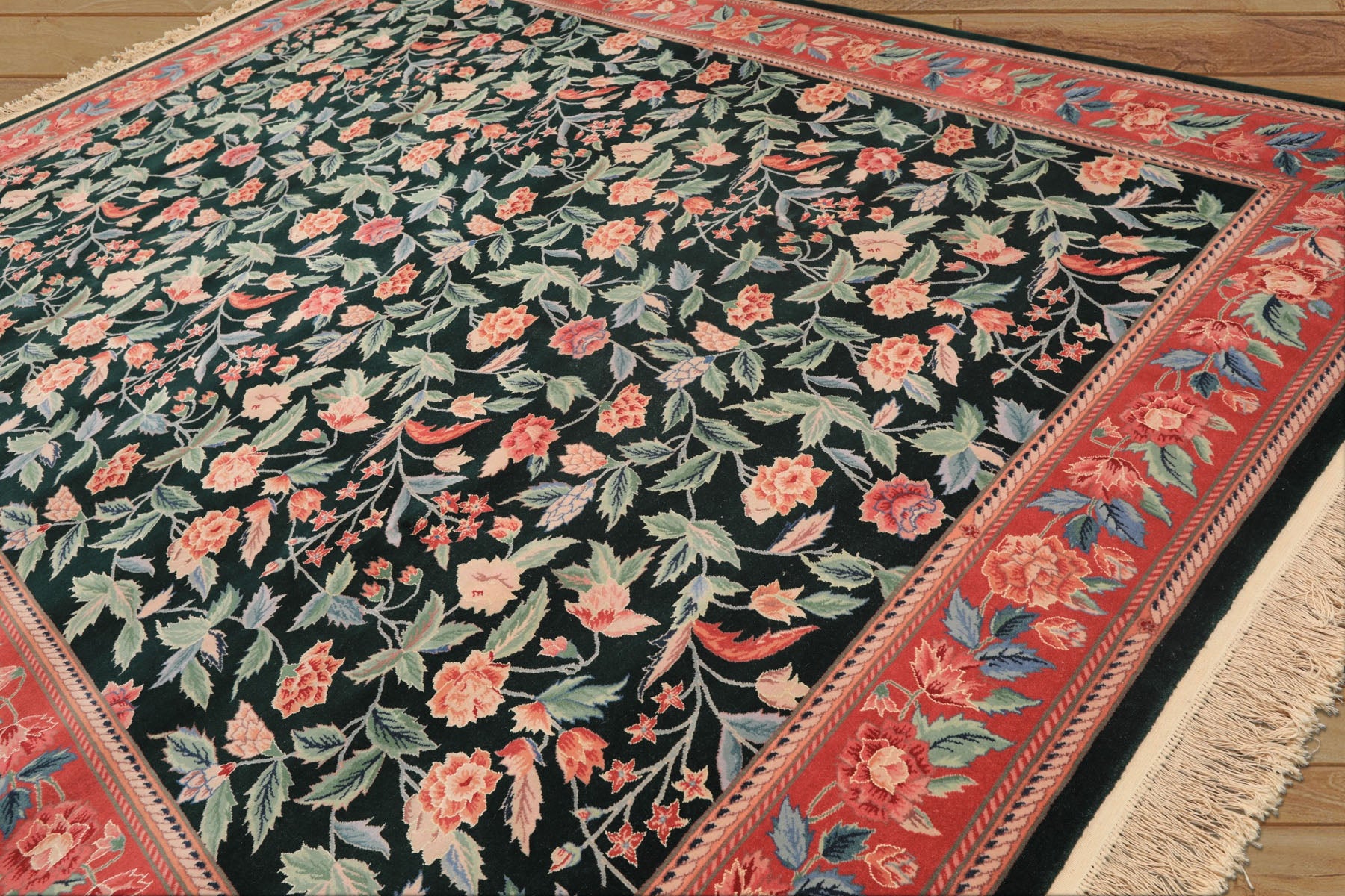 9x12 Emerald, Pink, Rose Color Hand Knotted Pak Persian Wool Traditional Oriental Rug