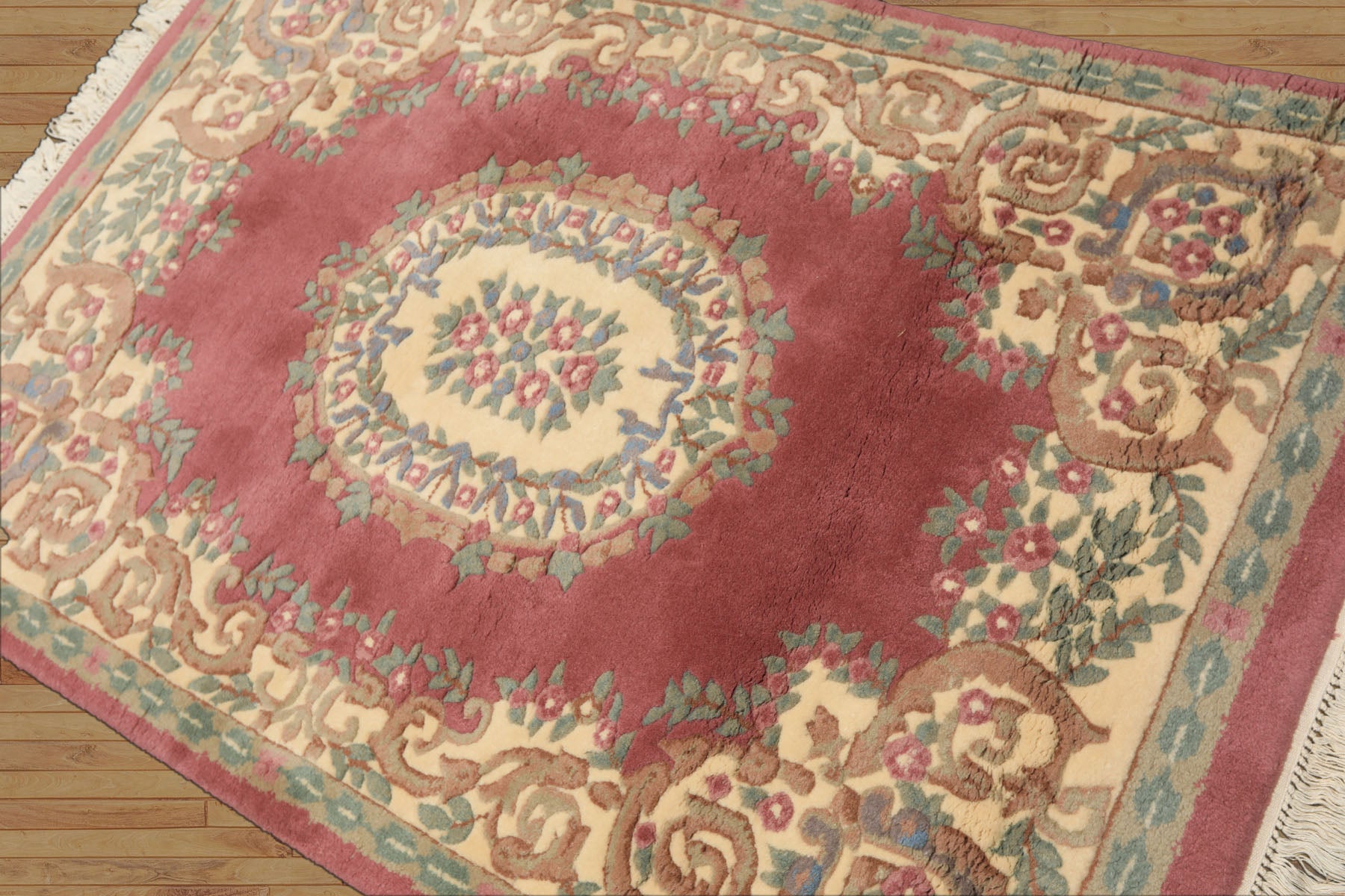 4x6 Plum, Ivory, Celadon Color Hand Knotted Indo Kerman New Zealand Wool Traditional Oriental Rug