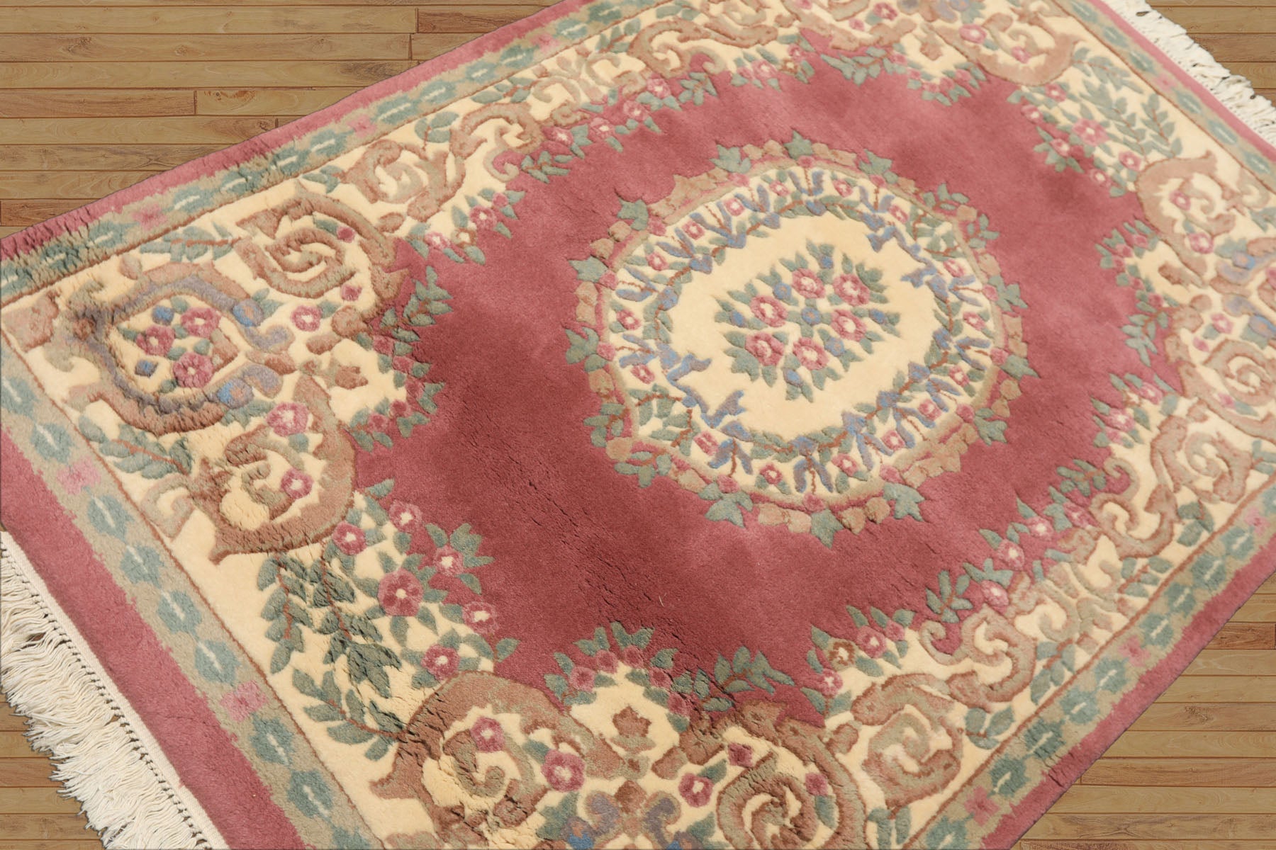 4x6 Plum, Ivory, Celadon Color Hand Knotted Indo Kerman New Zealand Wool Traditional Oriental Rug