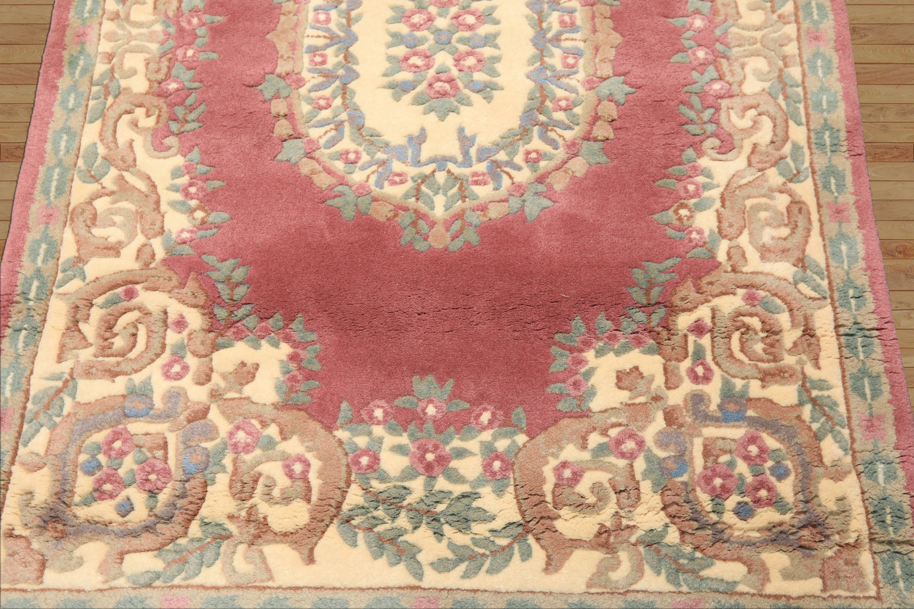 4x6 Plum, Ivory, Celadon Color Hand Knotted Indo Kerman New Zealand Wool Traditional Oriental Rug
