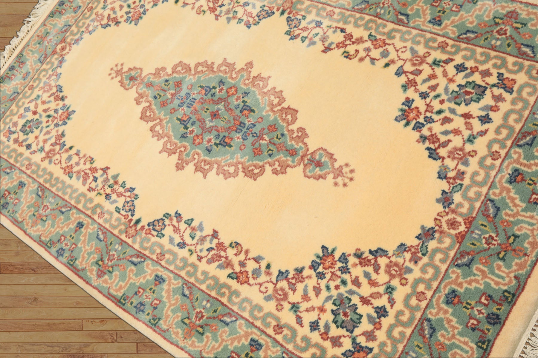 4x6 Ivory, Turquoise, Blush Color Hand Knotted Indo Kerman New Zealand Wool Traditional Oriental Rug