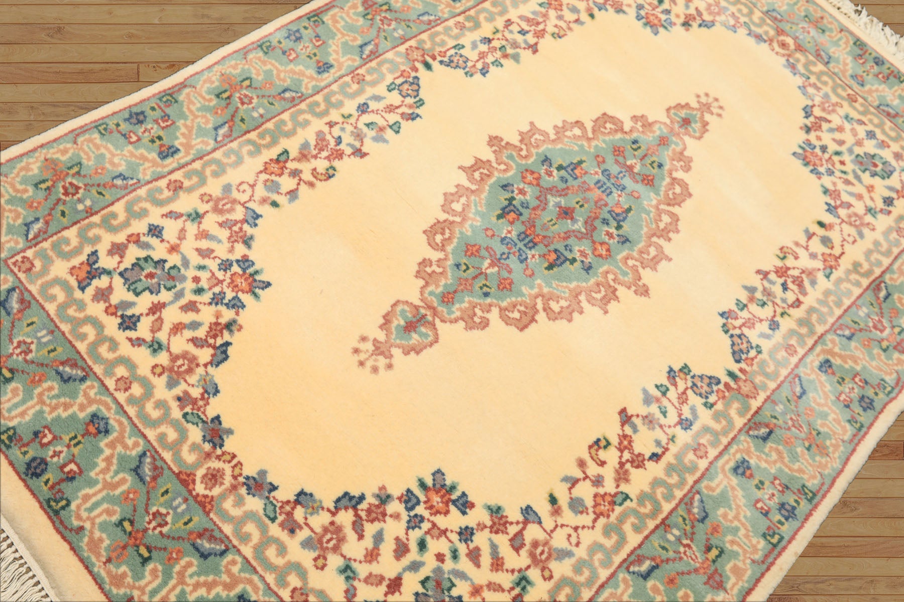4x6 Ivory, Turquoise, Blush Color Hand Knotted Indo Kerman New Zealand Wool Traditional Oriental Rug