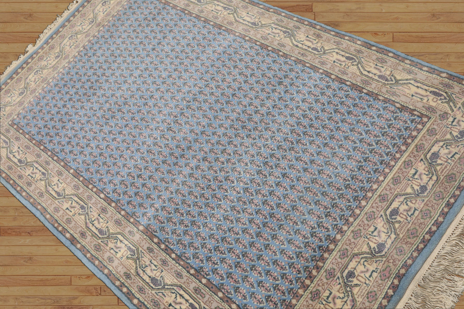 4x6 Blue, Ivory, Taupe Color Hand Knotted Boteh Wool Traditional Oriental Rug