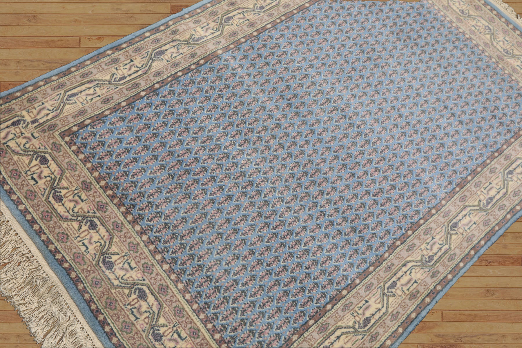 4x6 Blue, Ivory, Taupe Color Hand Knotted Boteh Wool Traditional Oriental Rug