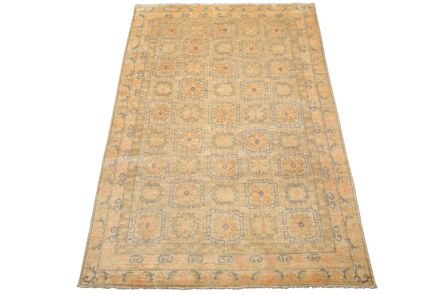 6x9 Beige, Peach, Slate Color Hand Knotted Oushak Wool Transitional Oriental Rug