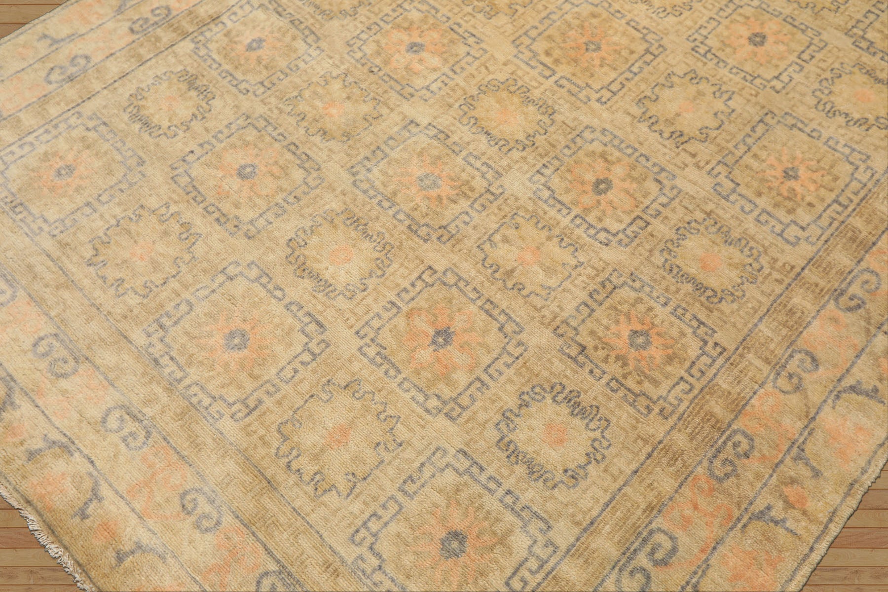 6x9 Beige, Peach, Slate Color Hand Knotted Oushak Wool Transitional Oriental Rug