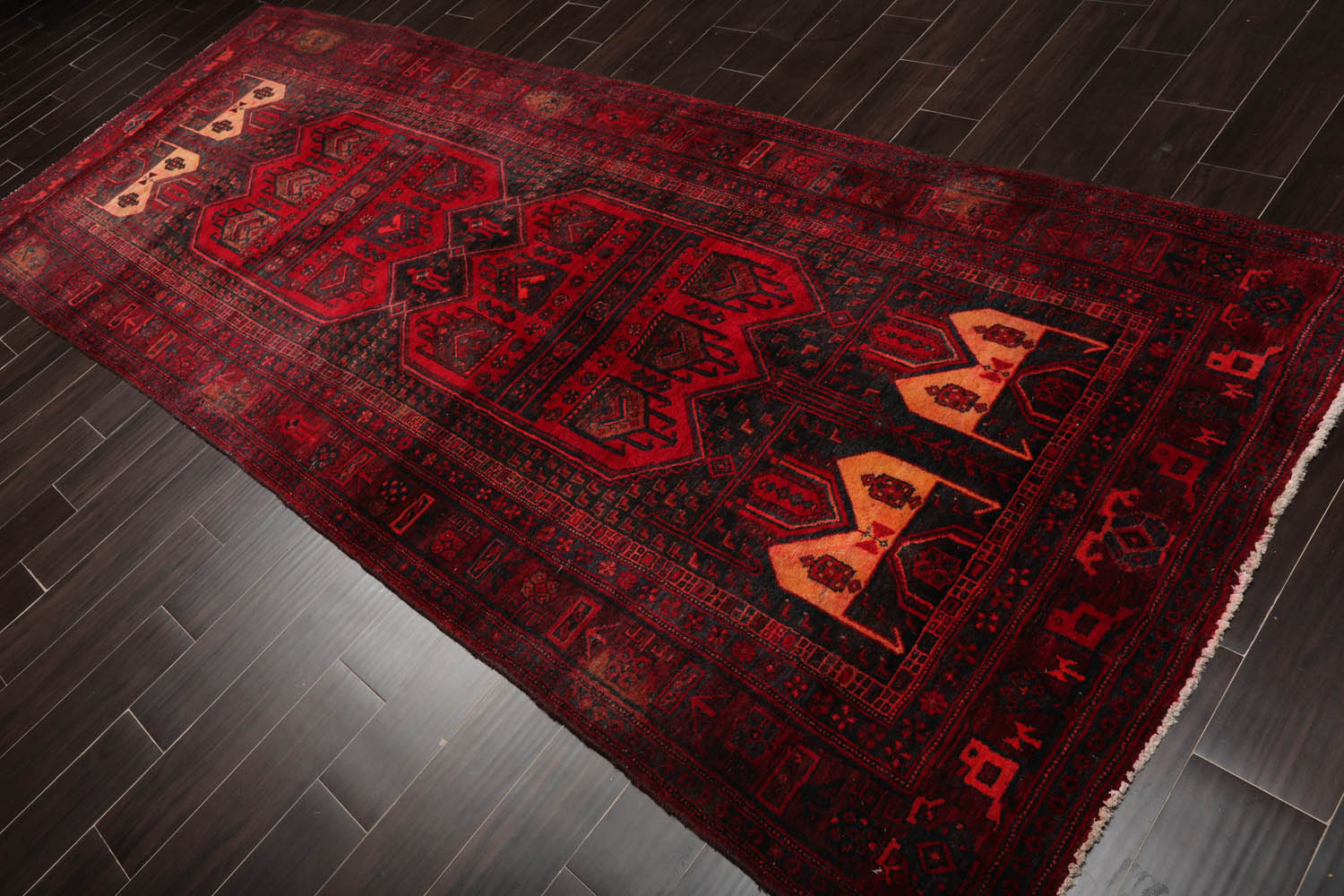 Runner Red, Charcoal, Coral Color Hand Knotted All-Over 100% Wool Traditional Oriental Rug