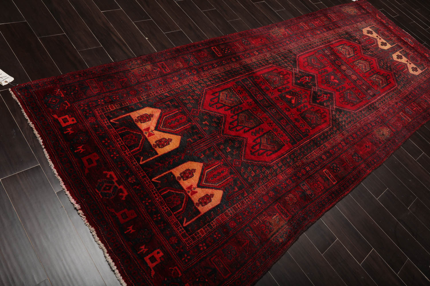 Runner Red, Charcoal, Coral Color Hand Knotted All-Over 100% Wool Traditional Oriental Rug