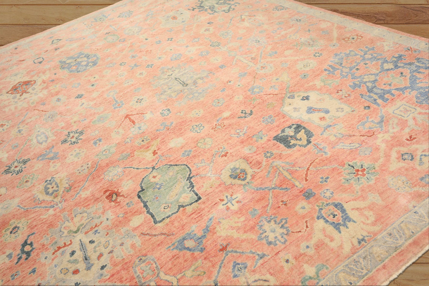9x12 Blush, Blue, Mint Color Hand Knotted Oushak Wool Transitional Oriental Rug
