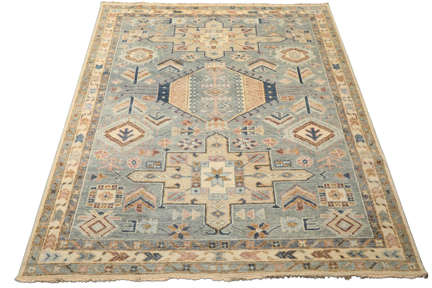 8x10 Aqua, Ivory, Blue Color Hand Knotted Oushak Wool Traditional Oriental Rug