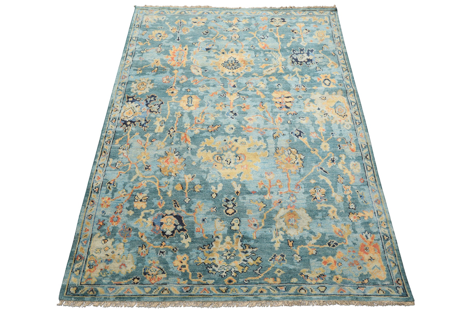6x9 Teal, Gold, Burnt Orange Color Hand Knotted Oushak Wool Traditional Oriental Rug