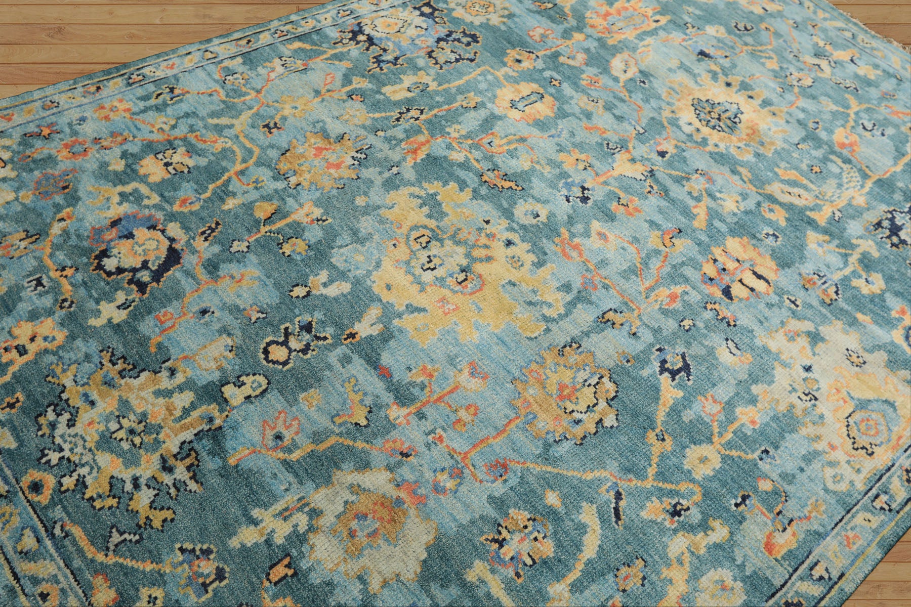 6x9 Teal, Gold, Burnt Orange Color Hand Knotted Oushak Wool Traditional Oriental Rug