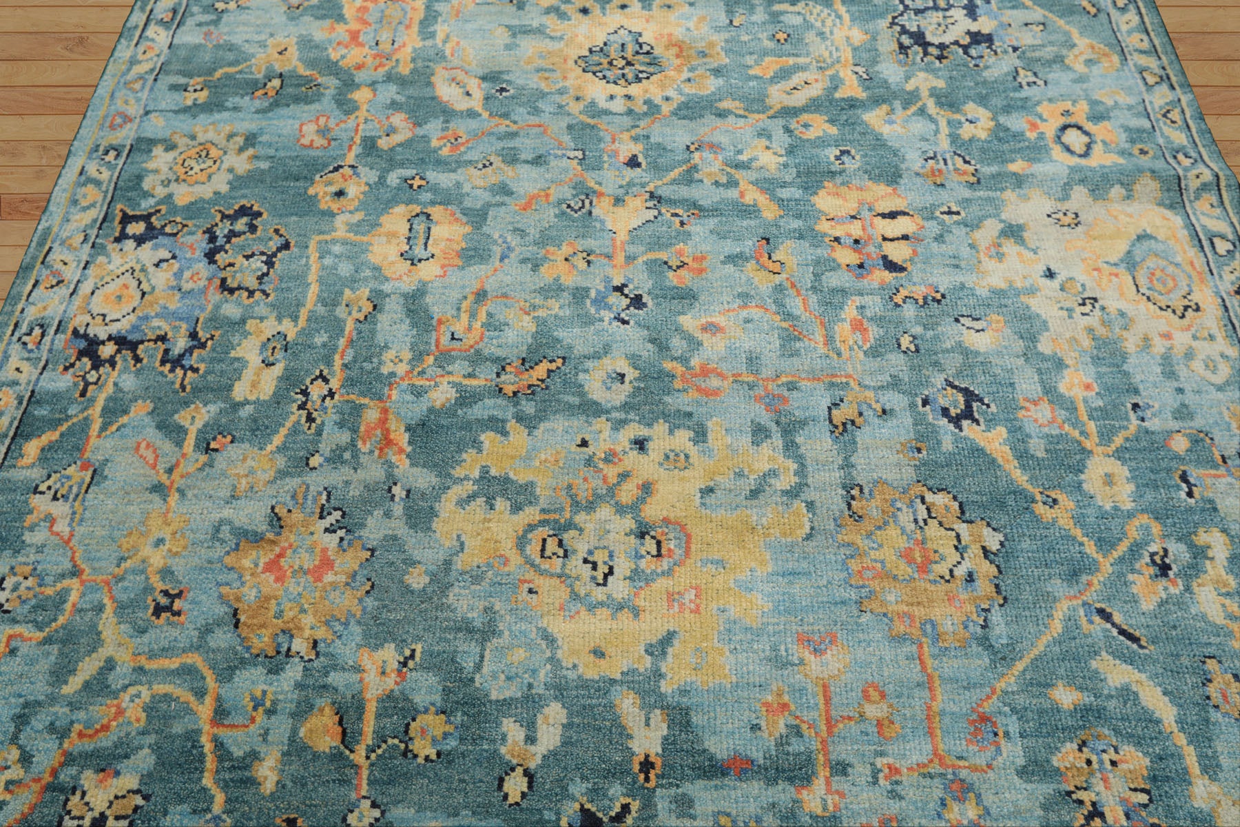 6x9 Teal, Gold, Burnt Orange Color Hand Knotted Oushak Wool Traditional Oriental Rug