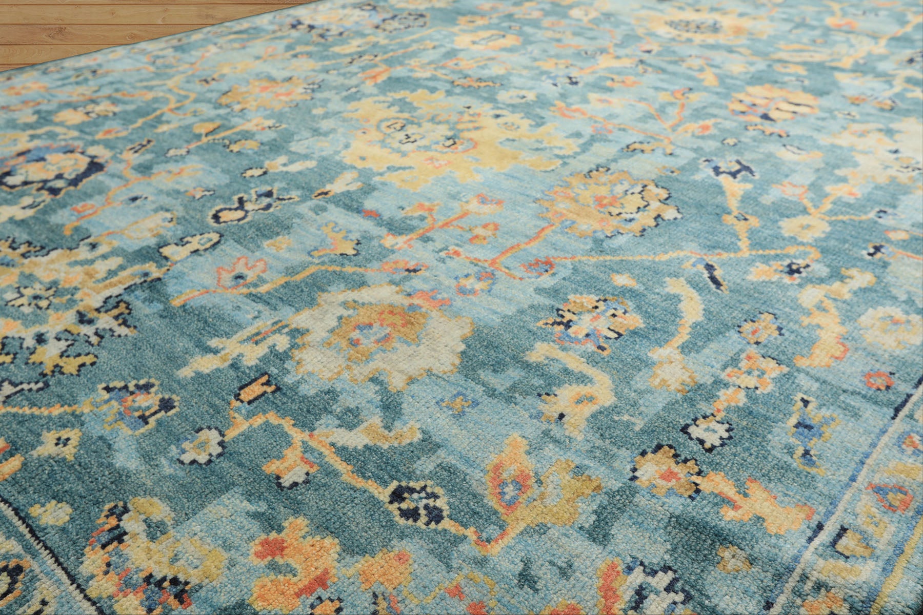 6x9 Teal, Gold, Burnt Orange Color Hand Knotted Oushak Wool Traditional Oriental Rug