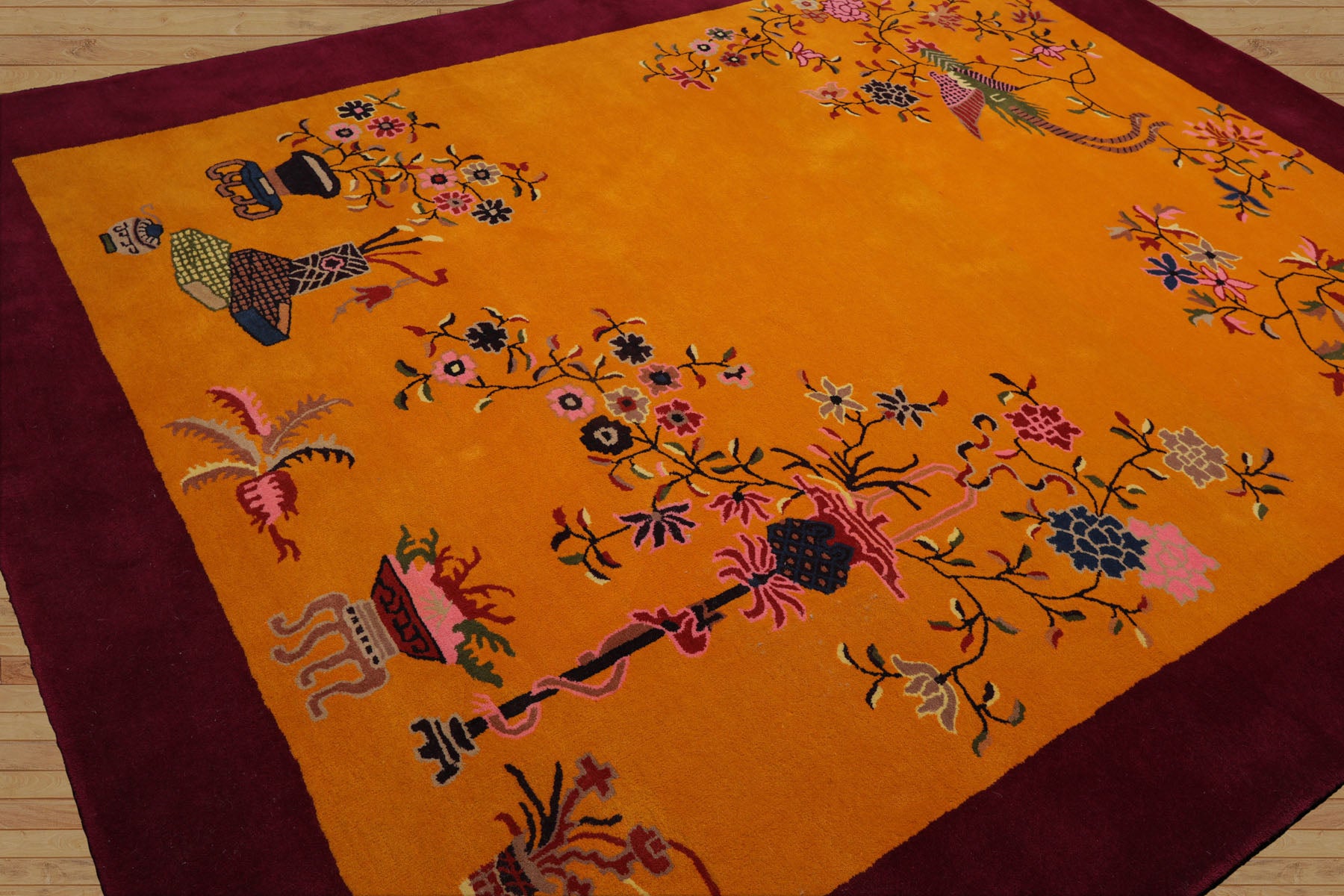 Kacy-May Floral Chinese Art Deco New Zealand Wool Hand Tufted Gold Oriental Area Rug LoomBloom Multi Sizes