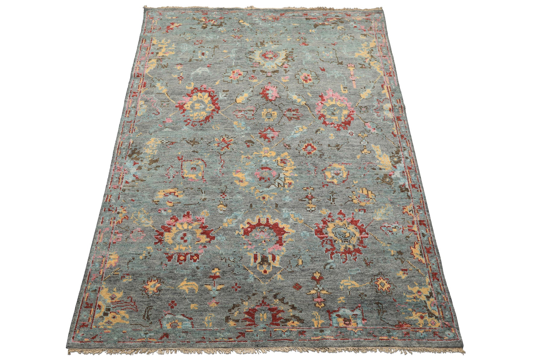 6x9 Gray, Aqua, Pink Color Hand Knotted Oushak Wool Traditional Oriental Rug