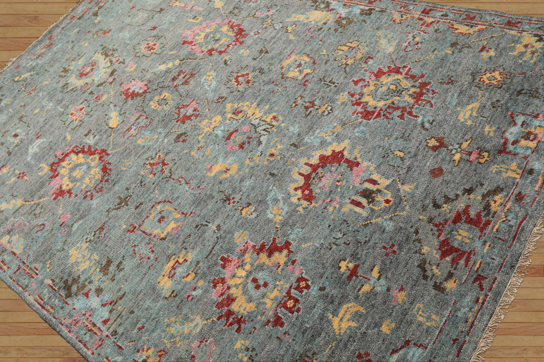 6x9 Gray, Aqua, Pink Color Hand Knotted Oushak Wool Traditional Oriental Rug