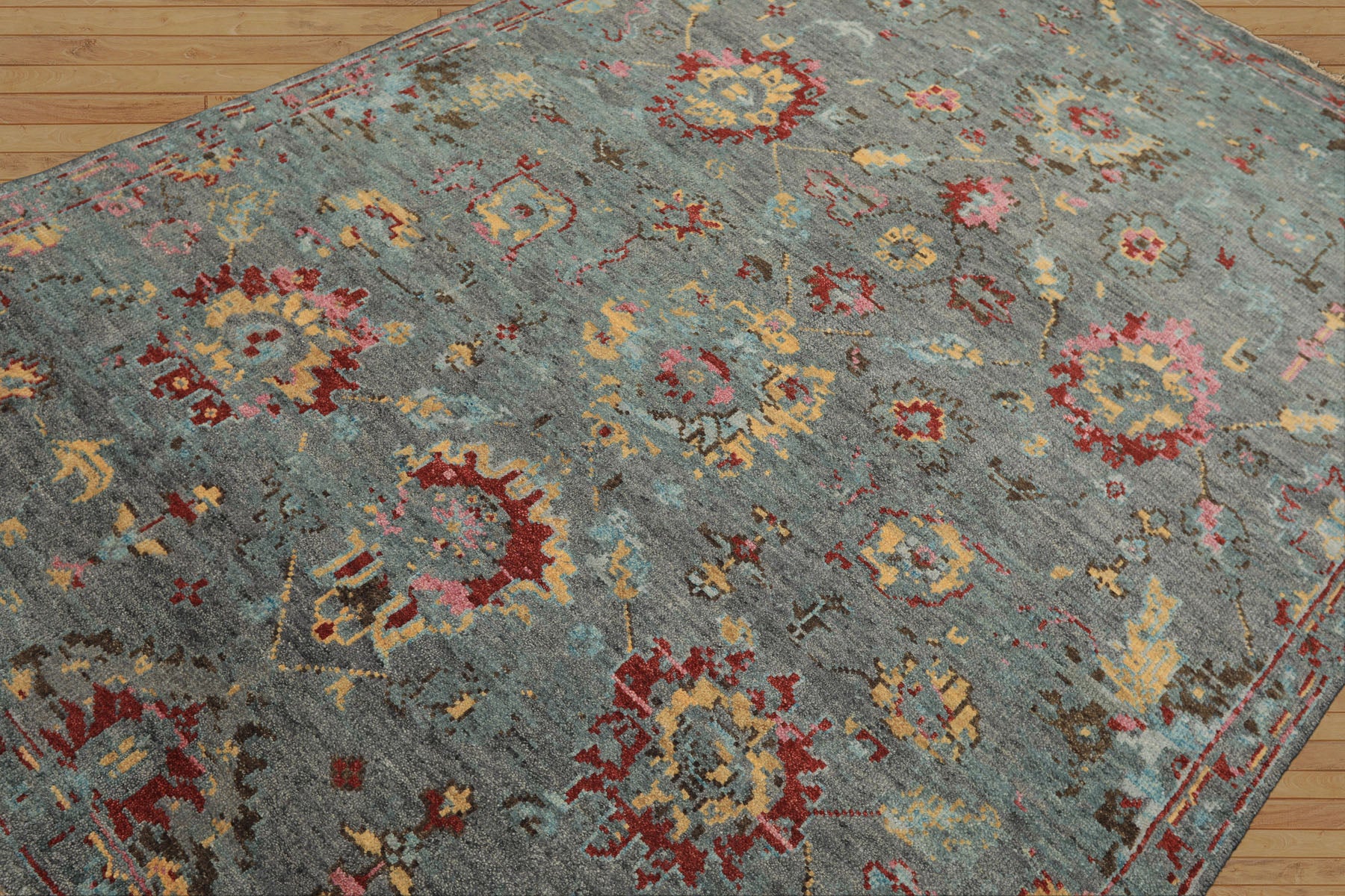 6x9 Gray, Aqua, Pink Color Hand Knotted Oushak Wool Traditional Oriental Rug