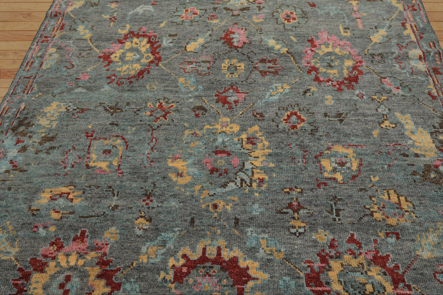 6x9 Gray, Aqua, Pink Color Hand Knotted Oushak Wool Traditional Oriental Rug