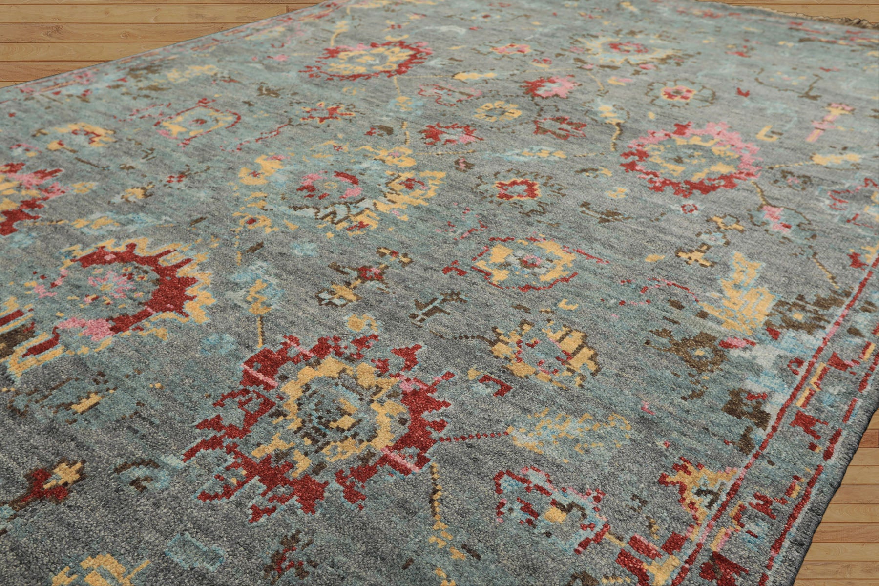 6x9 Gray, Aqua, Pink Color Hand Knotted Oushak Wool Traditional Oriental Rug