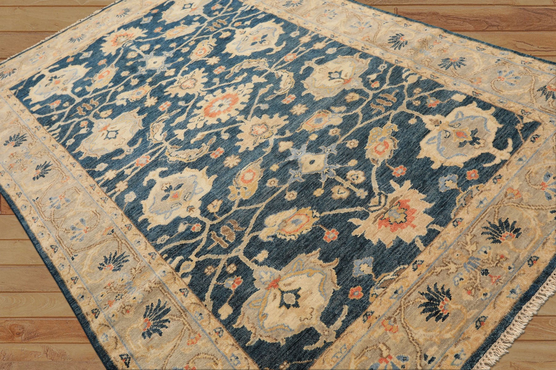 6x9 Navy, Gray, Beige Color Hand Knotted Oushak Wool Traditional Oriental Rug