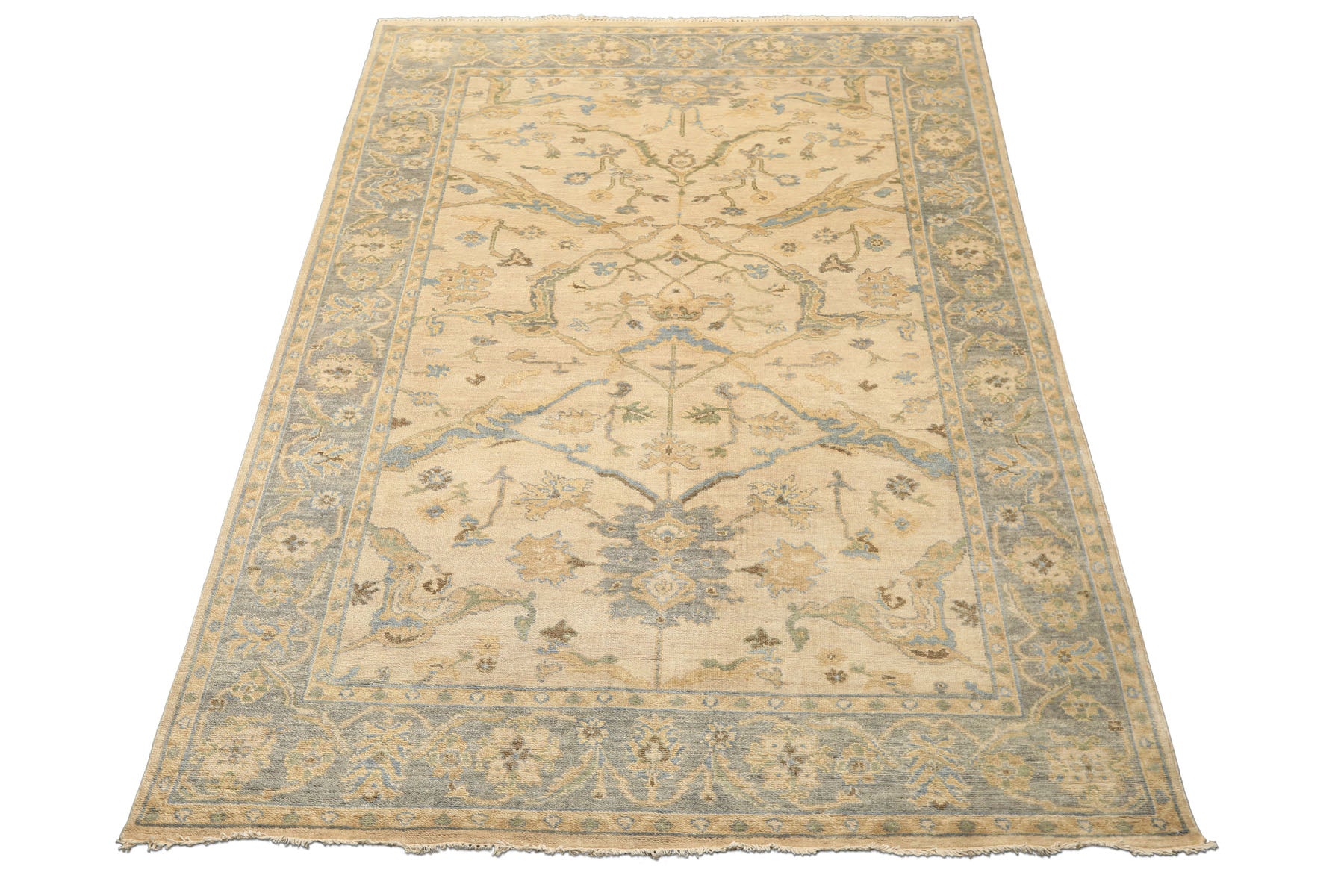 6x9 Beige, Aqua, Light Gold Color Hand Knotted Oushak Wool Traditional Oriental Rug