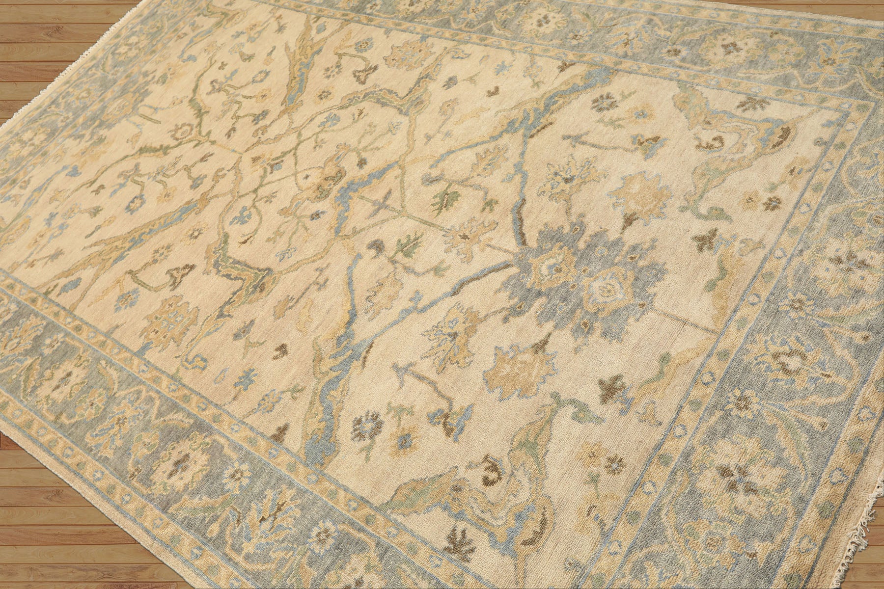 6x9 Beige, Aqua, Light Gold Color Hand Knotted Oushak Wool Traditional Oriental Rug