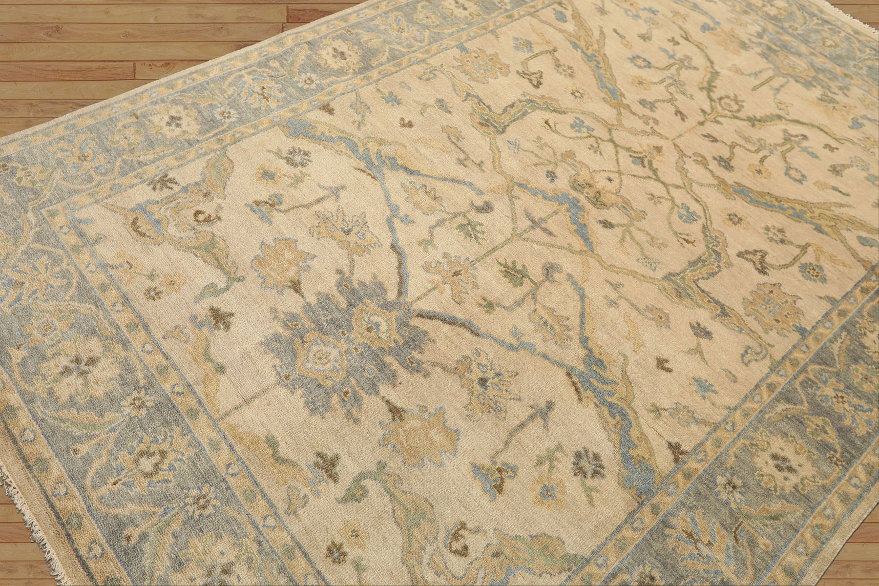 6x9 Beige, Aqua, Light Gold Color Hand Knotted Oushak Wool Traditional Oriental Rug