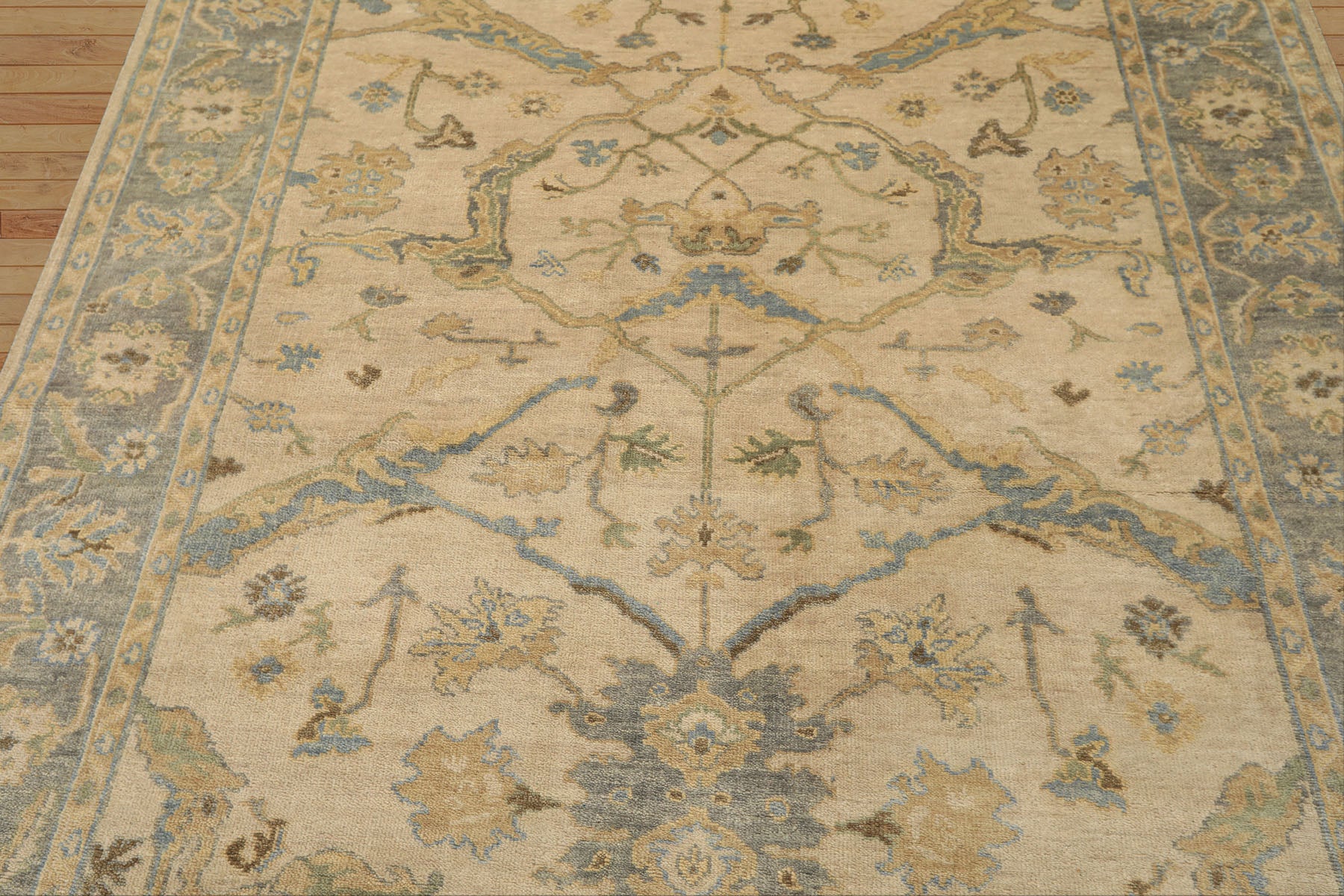 6x9 Beige, Aqua, Light Gold Color Hand Knotted Oushak Wool Traditional Oriental Rug